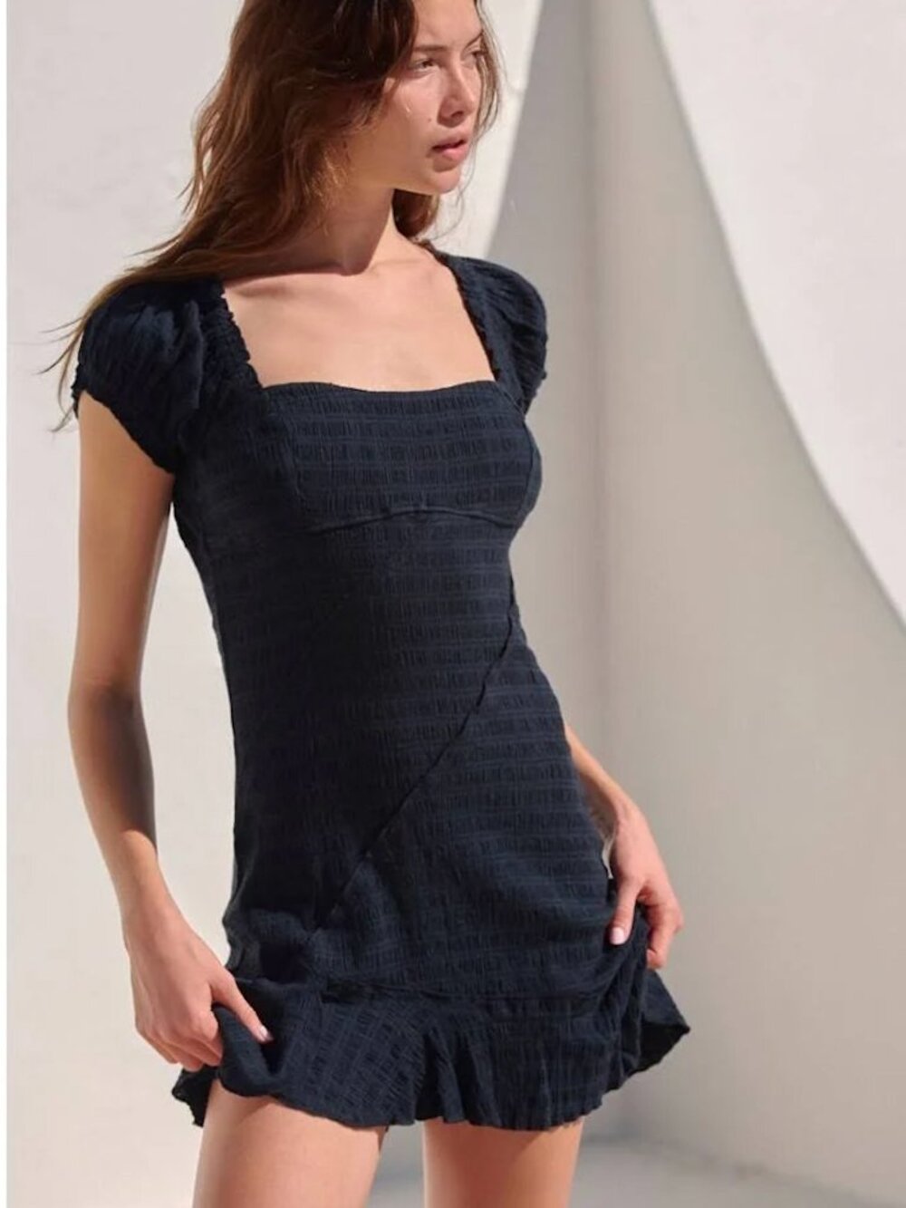 Free People Elle Mini Dress Black Textured Puff Sleeve Tie Back - XS